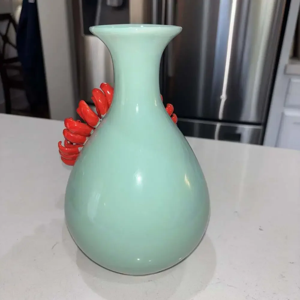 Anthropologie Celadon Blue Ceramic Vase with 3D Red Chrysanthemum Flower